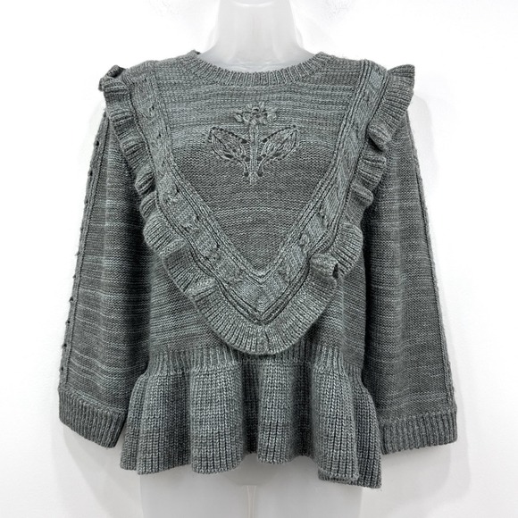 Avantlook Sweater Women's L Grey NWT Cableknit Cottagecore Peasant Ruffle Peplum - Picture 1 of 14